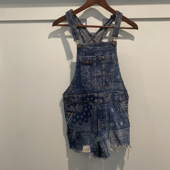 No Boundaries Short Overalls Shortalls Women M Y2k Blue Bandana Print Denim - Picture 5 of 14
